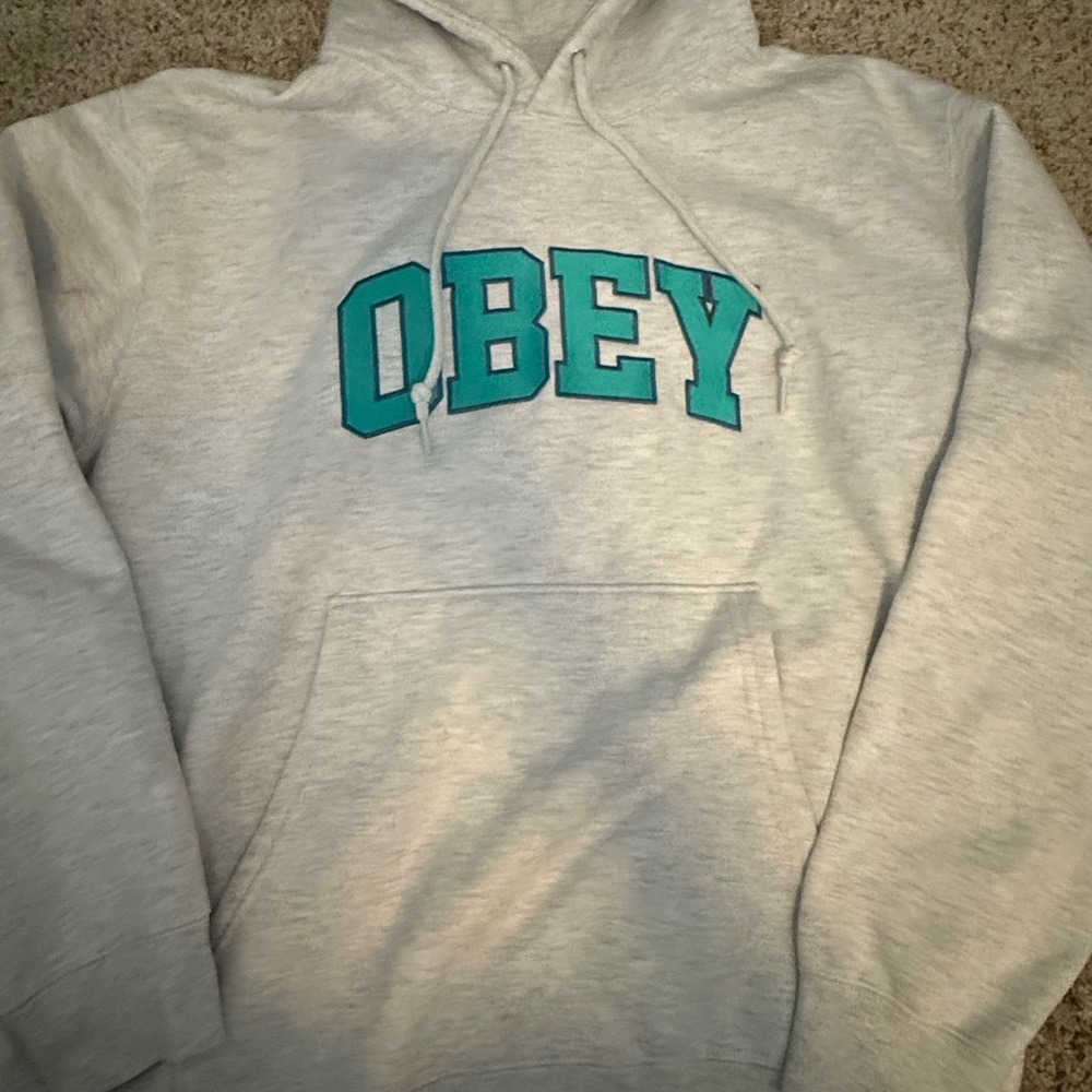Obey Light Gray Hoodie with Teal Logo